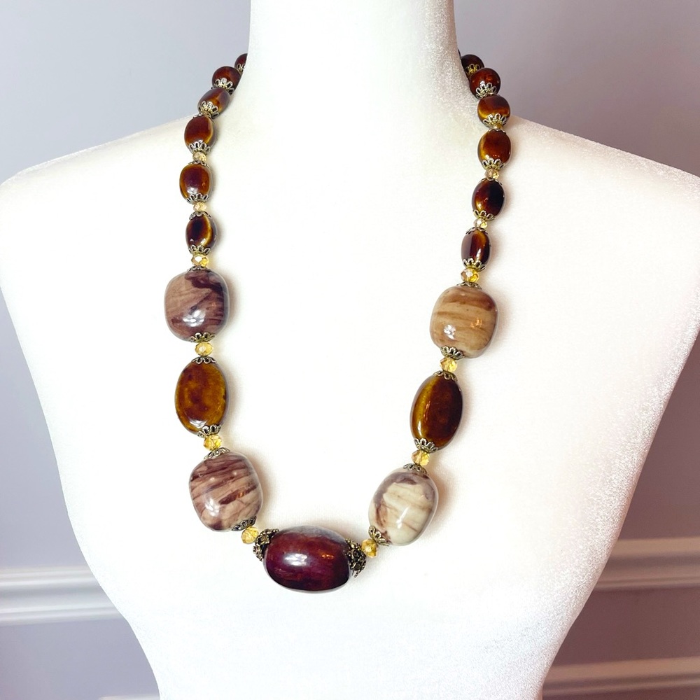 Vintage Amber Stones Glass Bead Chunky Necklace